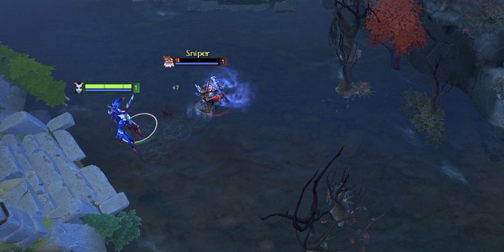 Queen of Pain gets last hit on Sniper for First Blood. 